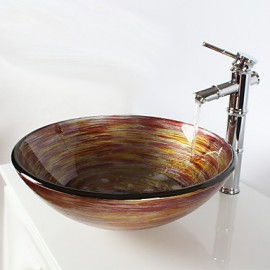 Multicolour Round Tempered Glass Vessel Sink with Bamboo Tap ,Pop - Up Drain and Mounting Ring
