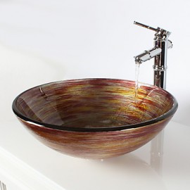 Multicolour Round Tempered Glass Vessel Sink with Bamboo Tap ,Pop - Up Drain and Mounting Ring