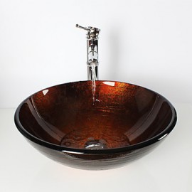 Bronze Round Tempered Glass Vessel Sink with Bamboo Tap ,Pop - Up Drain and Mounting Ring