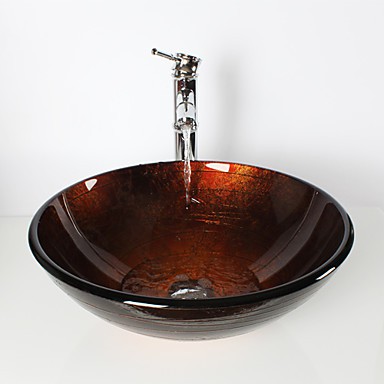 Bronze Round Tempered Glass Vessel Sink with Bamboo Tap ,Pop - Up Drain ...