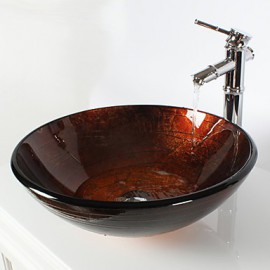 Bronze Round Tempered Glass Vessel Sink with Bamboo Tap ,Pop - Up Drain and Mounting Ring