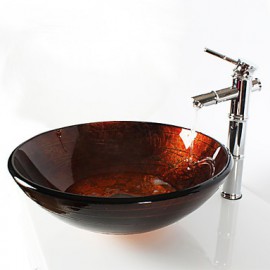 Bronze Round Tempered Glass Vessel Sink with Bamboo Tap ,Pop - Up Drain and Mounting Ring