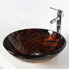 Multicolour Round Tempered Glass Vessel Sink with Bamboo Tap ,Pop - Up Drain and Mounting Ring