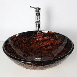 Multicolour Round Tempered Glass Vessel Sink with Bamboo Tap ,Pop - Up Drain and Mounting Ring