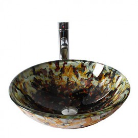 Multicolor Round Tempered Glass Vessel Sink with Straight Tube Tap ,Pop - Up Drain and Mounting Ring