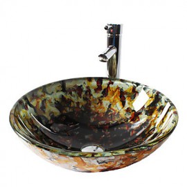 Multicolor Round Tempered Glass Vessel Sink with Straight Tube Tap ,Pop - Up Drain and Mounting Ring