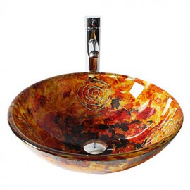 Multicolor Round Tempered Glass Vessel Sink with Straight Tube Tap ,Pop - Up Drain and Mounting Ring