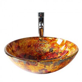 Multicolor Round Tempered Glass Vessel Sink with Straight Tube Tap ,Pop - Up Drain and Mounting Ring
