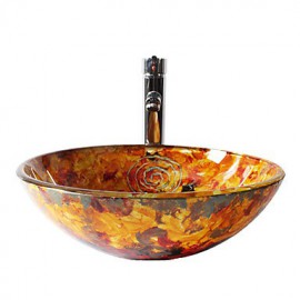 Multicolor Round Tempered Glass Vessel Sink with Straight Tube Tap ,Pop - Up Drain and Mounting Ring