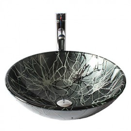 Gray Round Tempered Glass Vessel Sink with Straight Tube Tap ,Pop - Up Drain and Mounting Ring