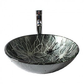 Gray Round Tempered Glass Vessel Sink with Straight Tube Tap ,Pop - Up Drain and Mounting Ring