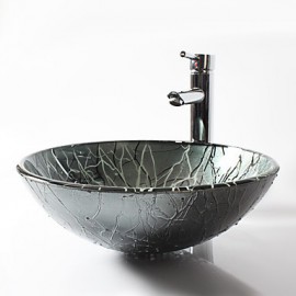 Gray Round Tempered Glass Vessel Sink with Straight Tube Tap ,Pop - Up Drain and Mounting Ring