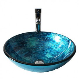 Blue Round Tempered Glass Vessel Sink with Straight Tube Tap ,Pop - Up Drain and Mounting Ring