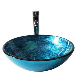 Blue Round Tempered Glass Vessel Sink with Straight Tube Tap ,Pop - Up Drain and Mounting Ring