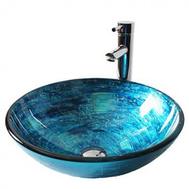 Blue Round Tempered Glass Vessel Sink with Straight Tube Tap ,Pop - Up Drain and Mounting Ring