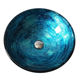 Blue Round Tempered Glass Vessel Sink with Straight Tube Tap ,Pop - Up Drain and Mounting Ring