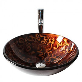 Chocolate Round Tempered Glass Vessel Sink with Straight Tube Tap ,Pop - Up Drain and Mounting Ring