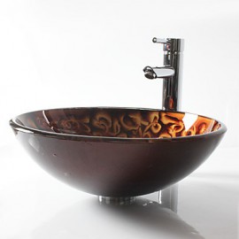 Chocolate Round Tempered Glass Vessel Sink with Straight Tube Tap ,Pop - Up Drain and Mounting Ring