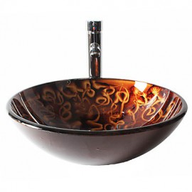 Chocolate Round Tempered Glass Vessel Sink with Straight Tube Tap ,Pop - Up Drain and Mounting Ring