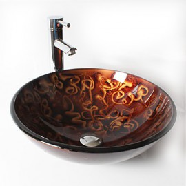 Chocolate Round Tempered Glass Vessel Sink with Straight Tube Tap ,Pop - Up Drain and Mounting Ring