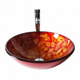 Orange Round Tempered Glass Vessel Sink with Straight Tube Tap ,Pop - Up Drain and Mounting Ring