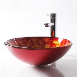 Orange Round Tempered Glass Vessel Sink with Straight Tube Tap ,Pop - Up Drain and Mounting Ring