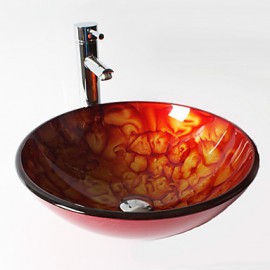 Orange Round Tempered Glass Vessel Sink with Straight Tube Tap ,Pop - Up Drain and Mounting Ring