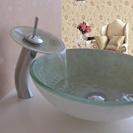 Bathroom Sink Set,Tempered glass Vessel Sink With Waterfall Tap,Mounting Ring and Water Drain