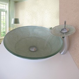 Bathroom Sink Set,Tempered glass Vessel Sink With Waterfall Tap,Mounting Ring and Water Drain