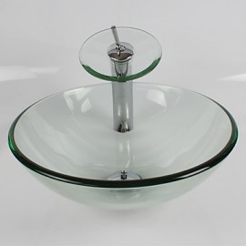 Transparent Round Tempered Glass Vessel Sink with Waterfall Tap Pop - Up Drain and Mounting Ring