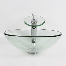 Transparent Round Tempered Glass Vessel Sink with Waterfall Tap Pop - Up Drain and Mounting Ring
