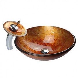 Contemporary Tempered Glass Bathroom Sink with Waterfall Tap, Mounting Ring and Water Drain