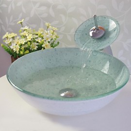 Bathroom Sink Set,Tempered glass Vessel Sink With Waterfall Tap,Mounting Ring and Water Drain