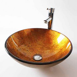 Round Contemporary Bathroom Tempered Glass Sink Set