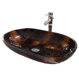 Multicolour Ellipse Tempered Glass Vessel Sink with Bamboo Tap ,Pop - Up Drain and Mounting Ring