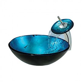 Blue Round Tempered glass Vessel Sink With Waterfall Tap