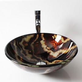 Multicolor Round Tempered Glass Vessel Sink with Straight Tube Tap ,Pop - Up Drain and Mounting Ring