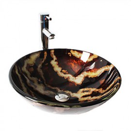 Multicolor Round Tempered Glass Vessel Sink with Straight Tube Tap ,Pop - Up Drain and Mounting Ring