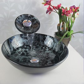Bathroom Sink Set,Tempered glass Vessel Sink With Waterfall Tap,Mounting Ring and Water Drain