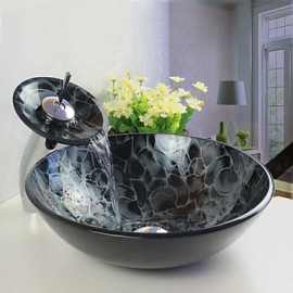 Bathroom Sink Set,Tempered glass Vessel Sink With Waterfall Tap,Mounting Ring and Water Drain