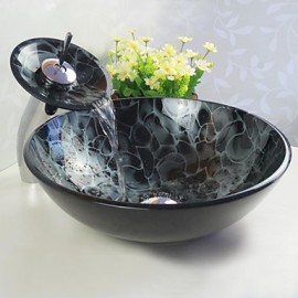 Bathroom Sink Set,Tempered glass Vessel Sink With Waterfall Tap,Mounting Ring and Water Drain