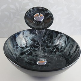Bathroom Sink Set,Tempered glass Vessel Sink With Waterfall Tap,Mounting Ring and Water Drain