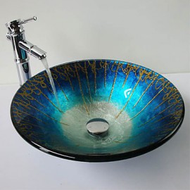 Blue Hat Shape Tempered Glass Vessel Sink with Bamboo Tap ,Pop - Up Drain and Mounting Ring