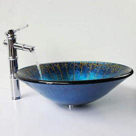 Blue Hat Shape Tempered Glass Vessel Sink with Bamboo Tap ,Pop - Up Drain and Mounting Ring