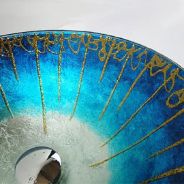 Blue Hat Shape Tempered Glass Vessel Sink with Bamboo Tap ,Pop - Up Drain and Mounting Ring