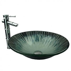Dark Blue Hat Shape Tempered Glass Vessel Sink with Bamboo Tap ,Pop - Up Drain and Mounting Ring