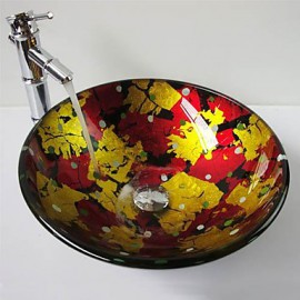 Multicolour Round Tempered Glass Vessel Sink with Bamboo Tap ,Pop - Up Drain and Mounting Ring