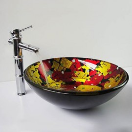 Multicolour Round Tempered Glass Vessel Sink with Bamboo Tap ,Pop - Up Drain and Mounting Ring