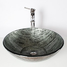 Ancient Silver Round Tempered Glass Vessel Sink with Bamboo Tap ,Pop - Up Drain and Mounting Ring