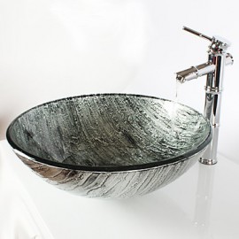 Ancient Silver Round Tempered Glass Vessel Sink with Bamboo Tap ,Pop - Up Drain and Mounting Ring